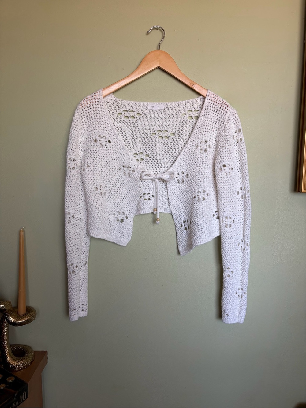 Open Crochet White Tie-Front Hippie Beachy Cardigan Boho Sweater Top Size M - Picture 2 of 16
